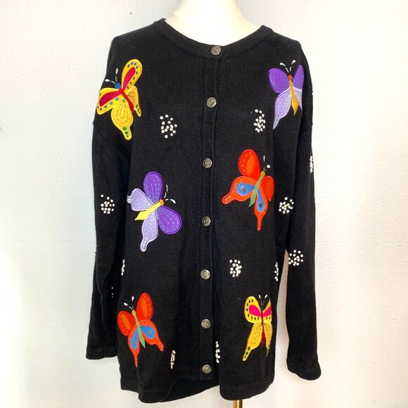The Quacker Factory Women's 1X Button Up Cardigan Black w/ Butterflies - Picture 1 of 13